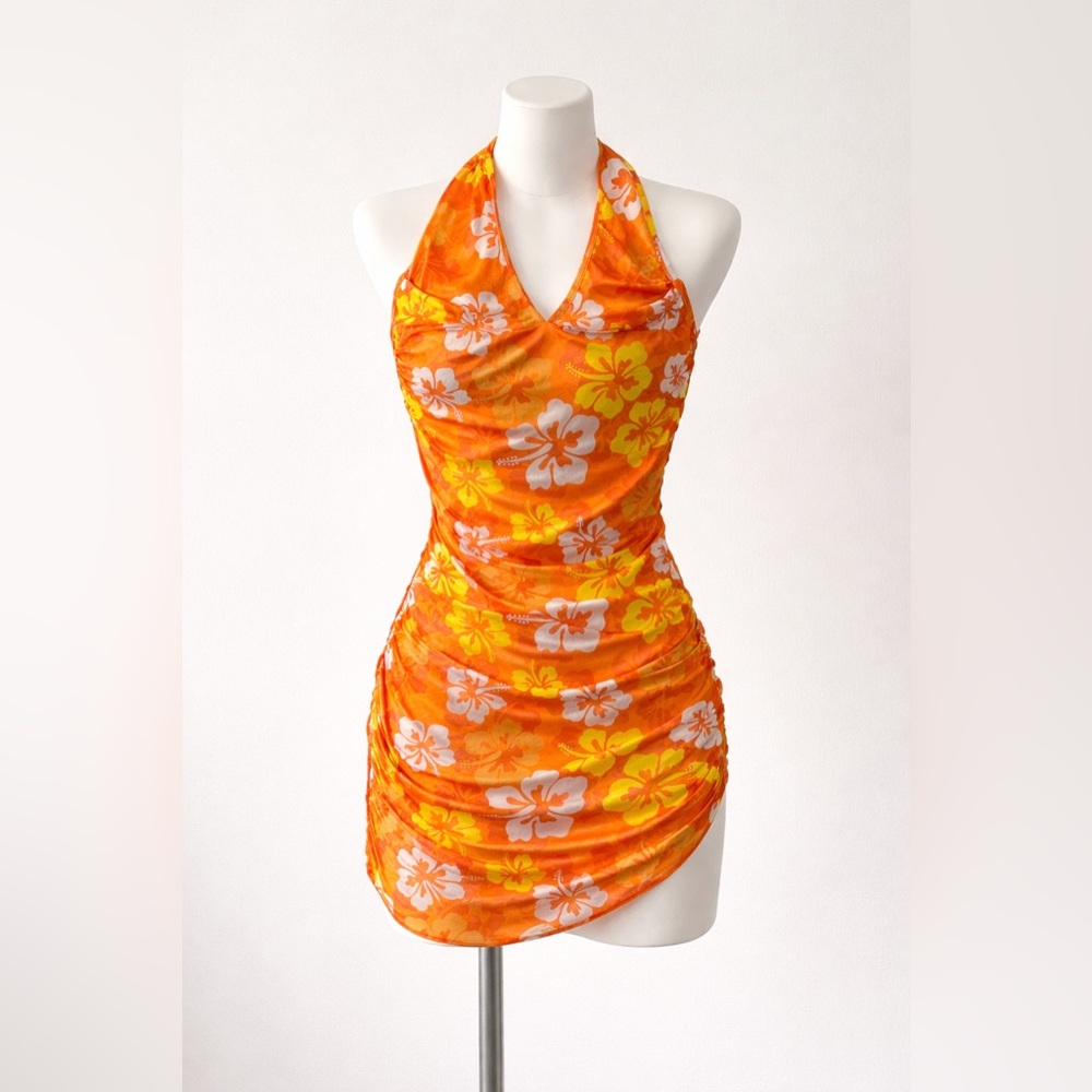 SHEIN Orange Floral Halter Mini Dress